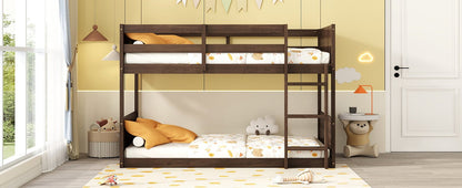 Twin over Twin Floor Bunk Bed with Panelled Headboard and Footboard, Solid Rubber Wood Foundation with Safety Guardrails, Built - in ladder,Antique Oak - 1st Choice Furniture Direct