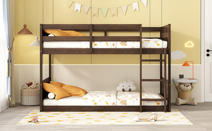 Twin over Twin Floor Bunk Bed with Panelled Headboard and Footboard, Solid Rubber Wood Foundation with Safety Guardrails, Built - in ladder,Antique Oak - 1st Choice Furniture Direct