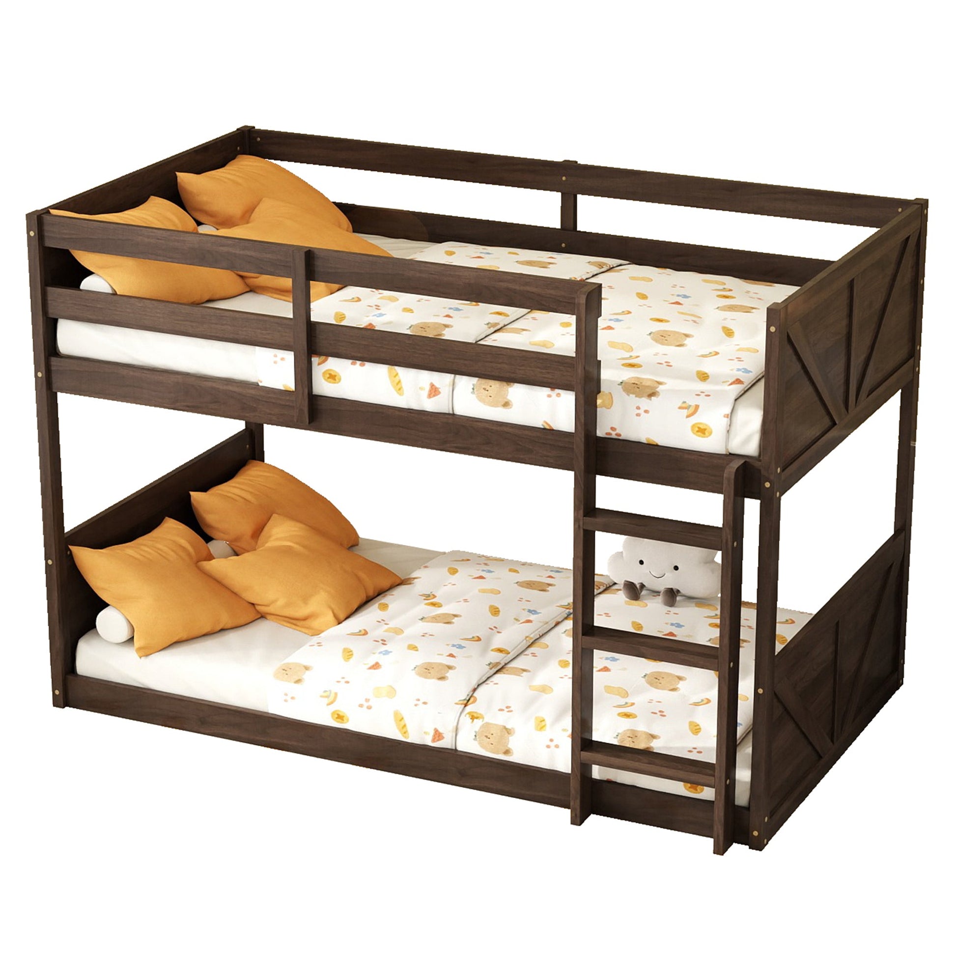 Twin over Twin Floor Bunk Bed with Panelled Headboard and Footboard, Solid Rubber Wood Foundation with Safety Guardrails, Built - in ladder,Antique Oak - 1st Choice Furniture Direct