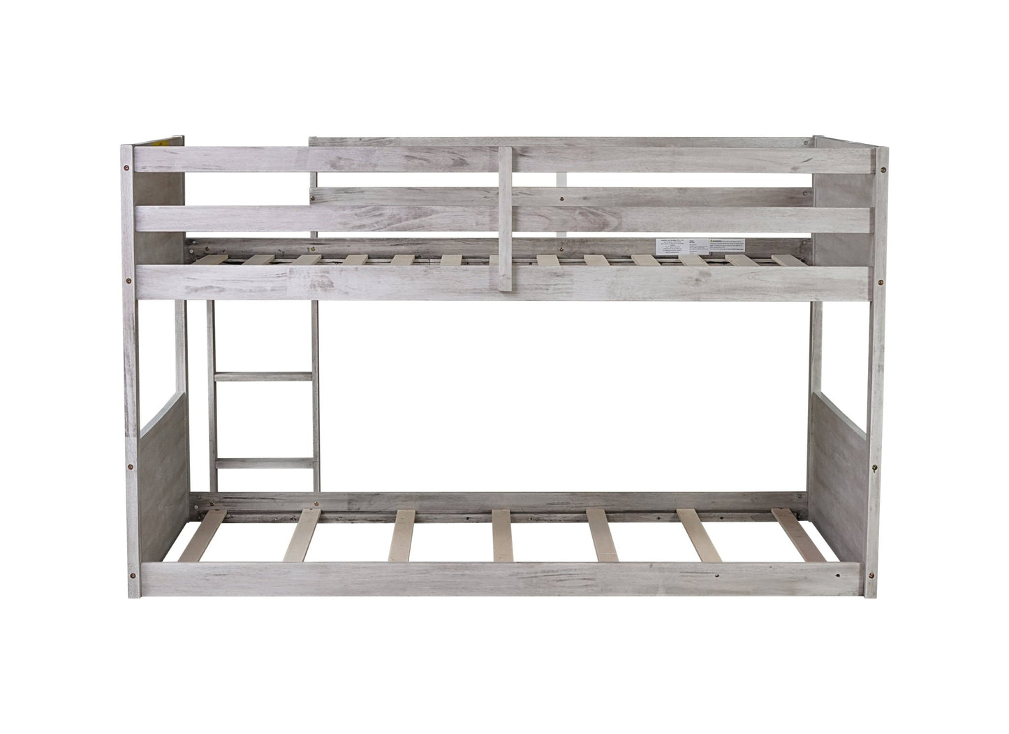 Twin over Twin Floor Bunk Bed with Panelled Headboard and Footboard, Solid Rubber Wood Foundation with Safety Guardrails, Built - in ladder,Antique White - 1st Choice Furniture Direct