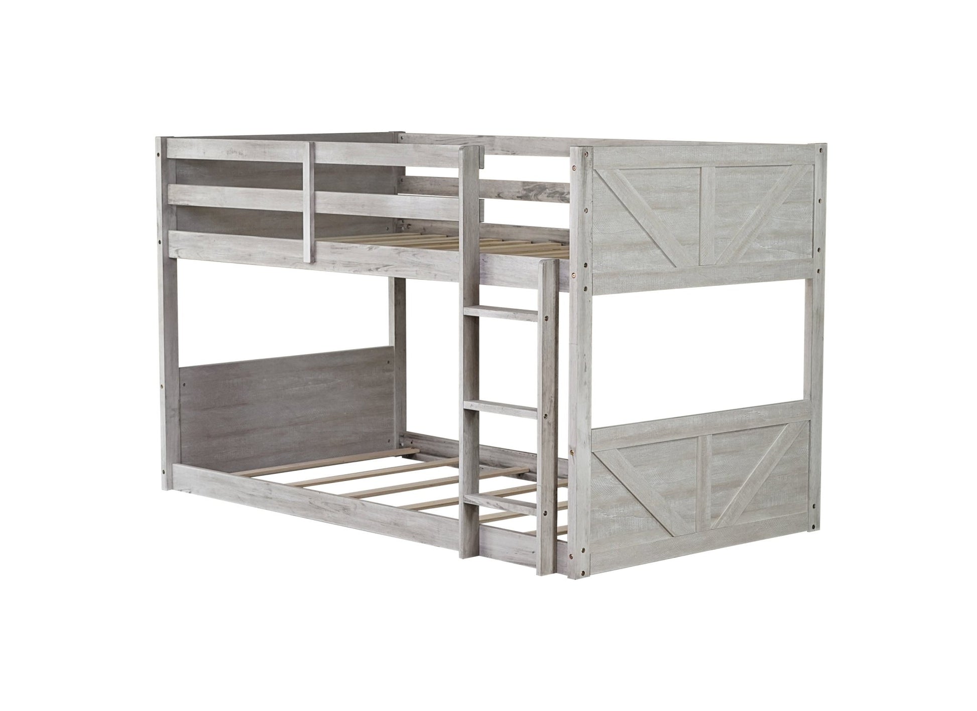 Twin over Twin Floor Bunk Bed with Panelled Headboard and Footboard, Solid Rubber Wood Foundation with Safety Guardrails, Built - in ladder,Antique White - 1st Choice Furniture Direct