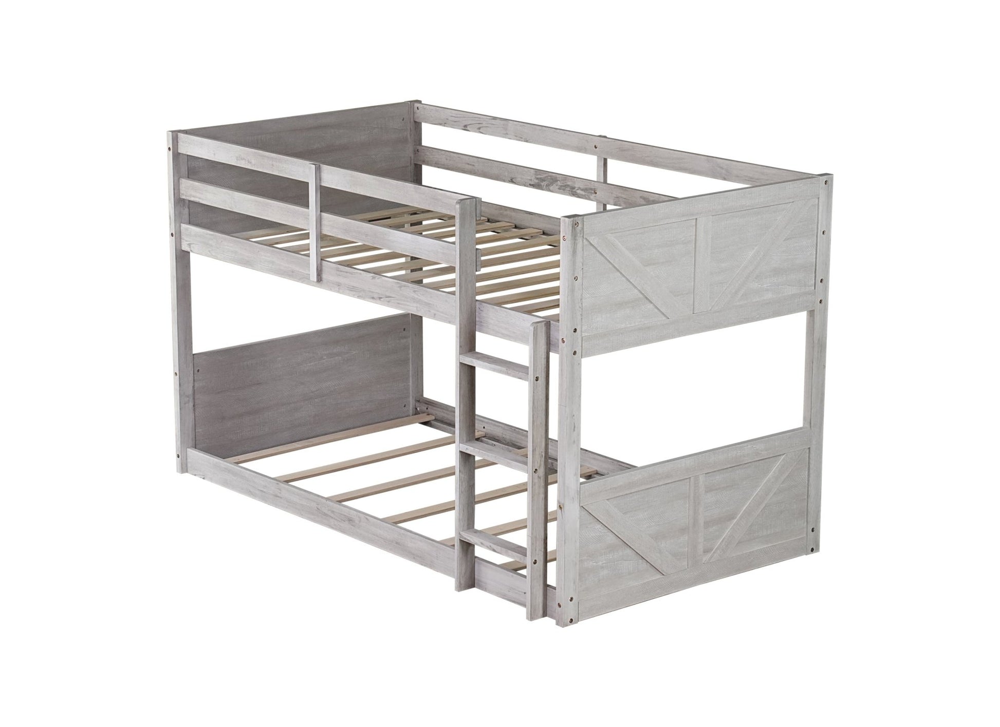 Twin over Twin Floor Bunk Bed with Panelled Headboard and Footboard, Solid Rubber Wood Foundation with Safety Guardrails, Built - in ladder,Antique White - 1st Choice Furniture Direct