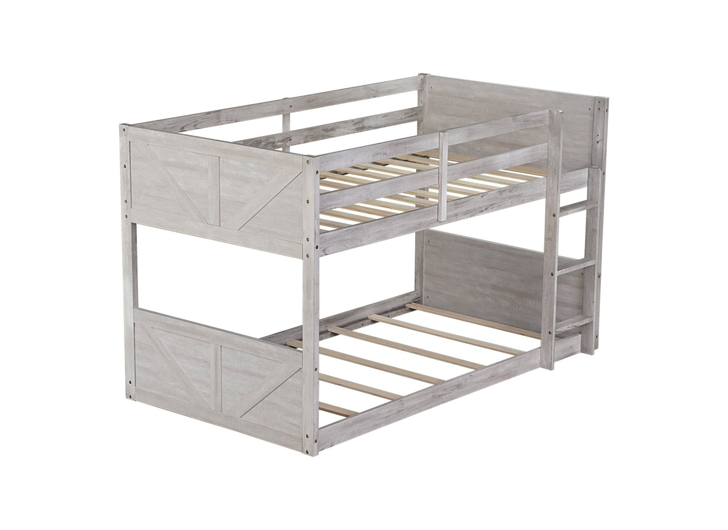 Twin over Twin Floor Bunk Bed with Panelled Headboard and Footboard, Solid Rubber Wood Foundation with Safety Guardrails, Built - in ladder,Antique White - 1st Choice Furniture Direct