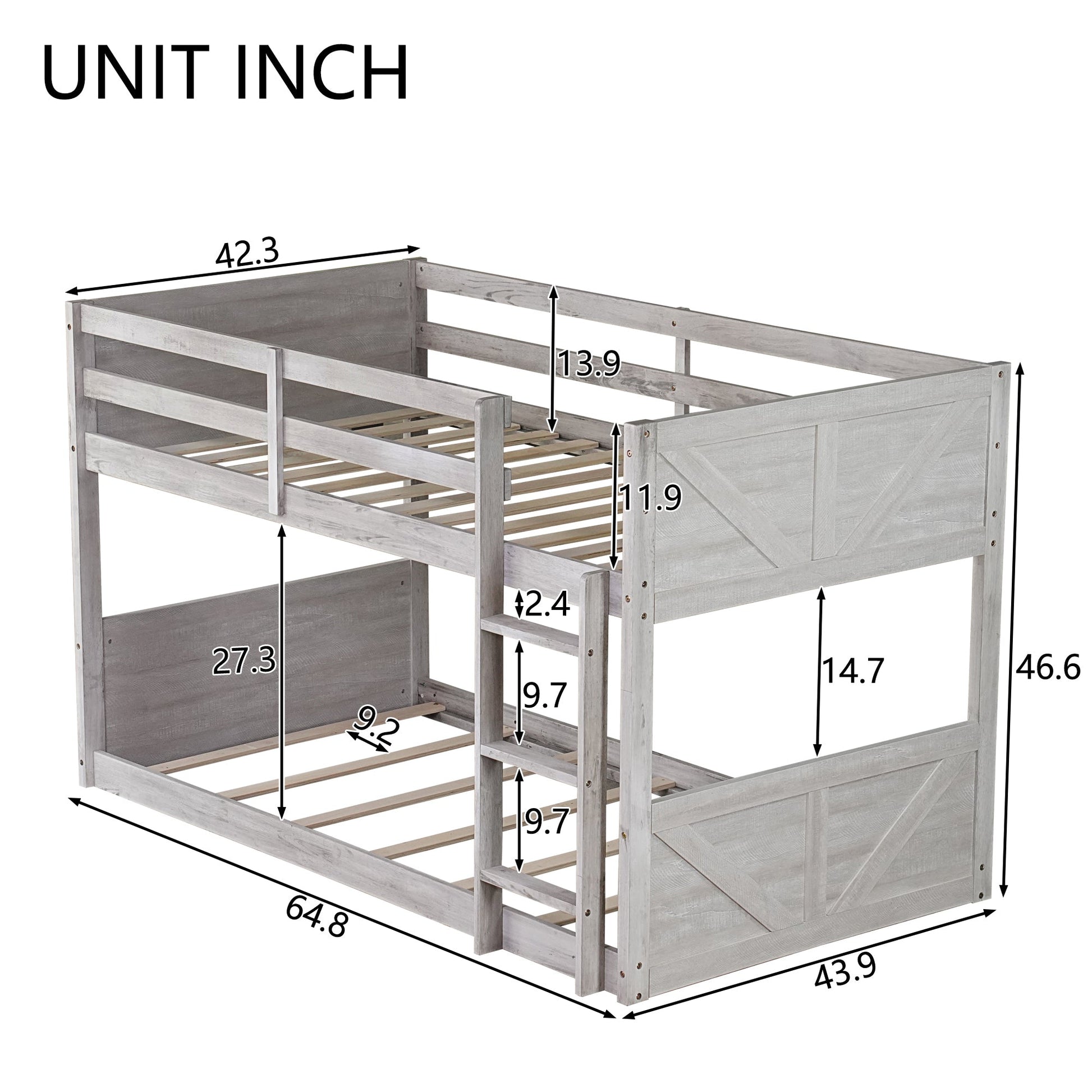 Twin over Twin Floor Bunk Bed with Panelled Headboard and Footboard, Solid Rubber Wood Foundation with Safety Guardrails, Built - in ladder,Antique White - 1st Choice Furniture Direct