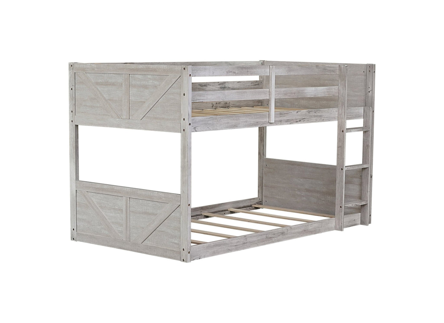 Twin over Twin Floor Bunk Bed with Panelled Headboard and Footboard, Solid Rubber Wood Foundation with Safety Guardrails, Built - in ladder,Antique White - 1st Choice Furniture Direct