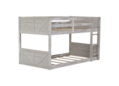 Twin over Twin Floor Bunk Bed with Panelled Headboard and Footboard, Solid Rubber Wood Foundation with Safety Guardrails, Built - in ladder,Antique White - 1st Choice Furniture Direct