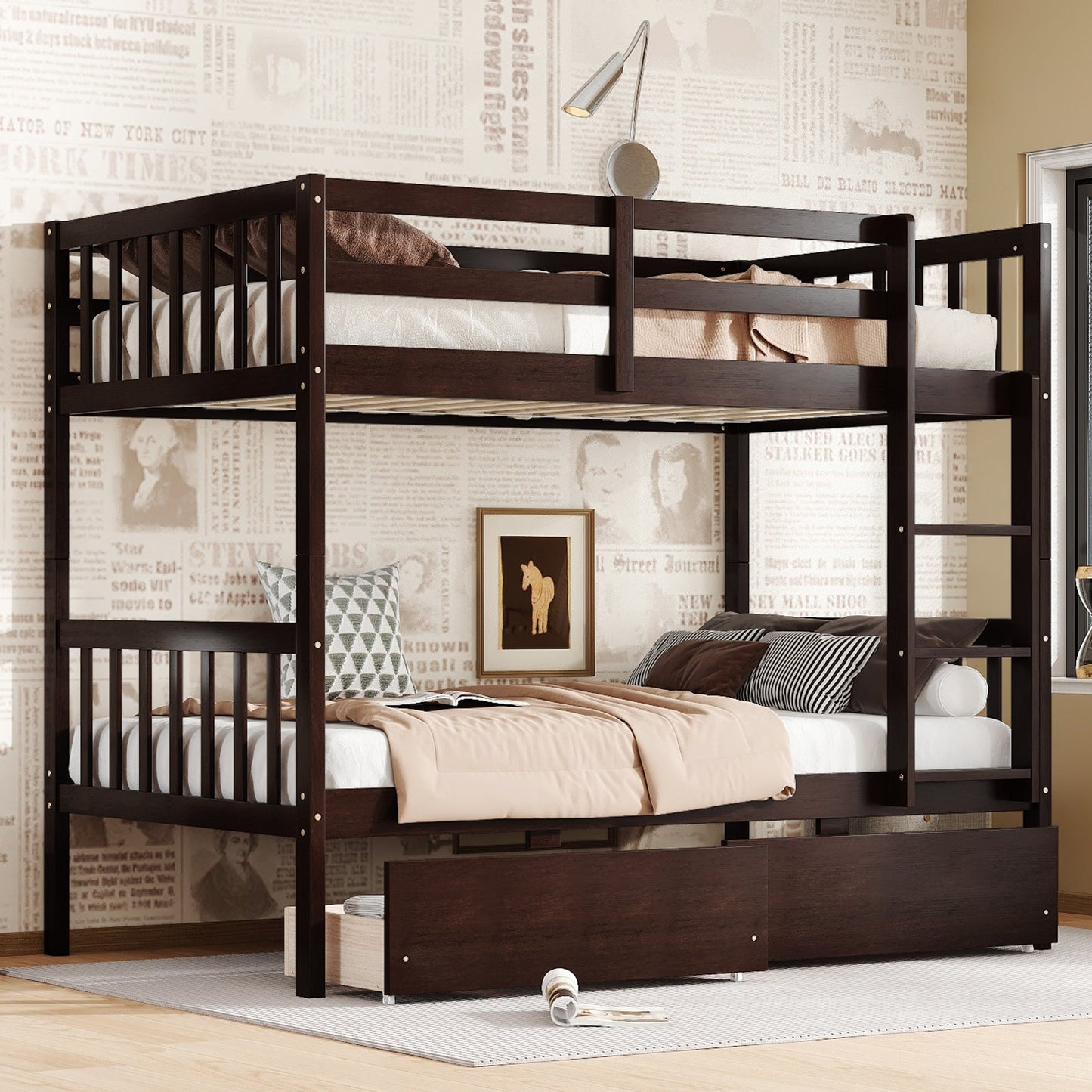 Twin Over Twin Rubber Wood Bunk Bed with 2 Drawers, Convertible into 2 Twin Beds, Twin Size Bunk Bed with Ladder and Safety Guardrails,Espresso - 1st Choice Furniture Direct
