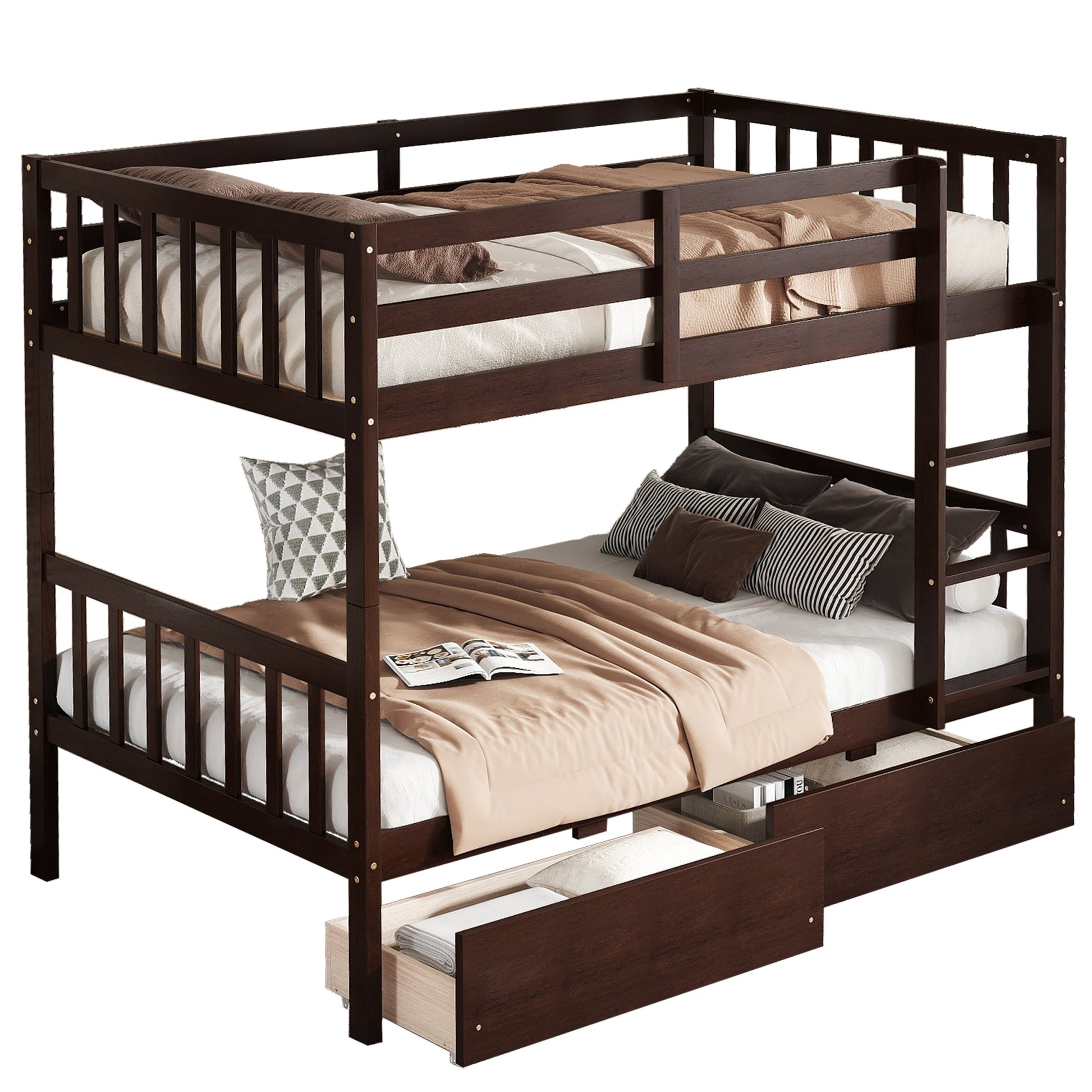 Twin Over Twin Rubber Wood Bunk Bed with 2 Drawers, Convertible into 2 Twin Beds, Twin Size Bunk Bed with Ladder and Safety Guardrails,Espresso - 1st Choice Furniture Direct
