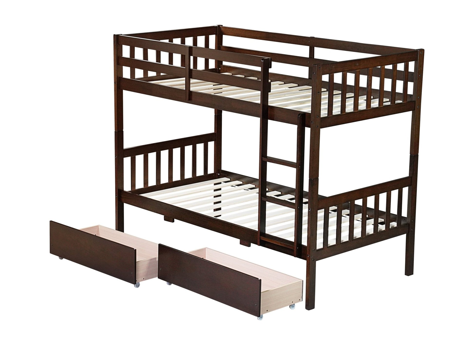 Twin Over Twin Rubber Wood Bunk Bed with 2 Drawers, Convertible into 2 Twin Beds, Twin Size Bunk Bed with Ladder and Safety Guardrails,Espresso - 1st Choice Furniture Direct