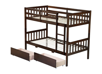 Twin Over Twin Rubber Wood Bunk Bed with 2 Drawers, Convertible into 2 Twin Beds, Twin Size Bunk Bed with Ladder and Safety Guardrails,Espresso - 1st Choice Furniture Direct