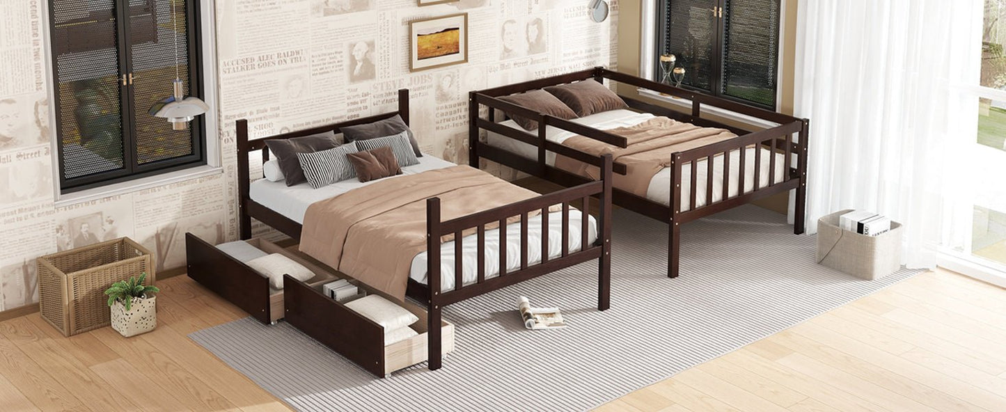 Twin Over Twin Rubber Wood Bunk Bed with 2 Drawers, Convertible into 2 Twin Beds, Twin Size Bunk Bed with Ladder and Safety Guardrails,Espresso - 1st Choice Furniture Direct