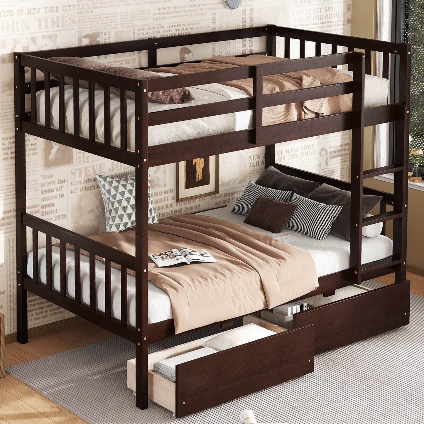 Twin Over Twin Rubber Wood Bunk Bed with 2 Drawers, Convertible into 2 Twin Beds, Twin Size Bunk Bed with Ladder and Safety Guardrails,Espresso - 1st Choice Furniture Direct