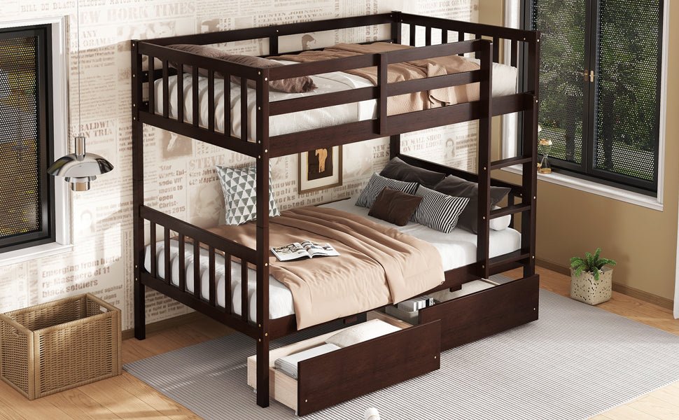 Twin Over Twin Rubber Wood Bunk Bed with 2 Drawers, Convertible into 2 Twin Beds, Twin Size Bunk Bed with Ladder and Safety Guardrails,Espresso - 1st Choice Furniture Direct