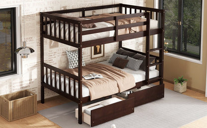 Twin Over Twin Rubber Wood Bunk Bed with 2 Drawers, Convertible into 2 Twin Beds, Twin Size Bunk Bed with Ladder and Safety Guardrails,Espresso - 1st Choice Furniture Direct
