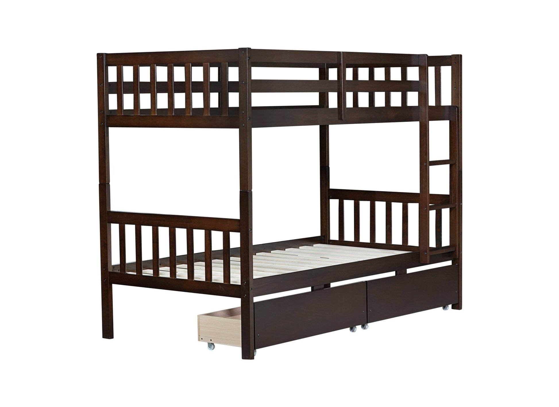 Twin Over Twin Rubber Wood Bunk Bed with 2 Drawers, Convertible into 2 Twin Beds, Twin Size Bunk Bed with Ladder and Safety Guardrails,Espresso - 1st Choice Furniture Direct