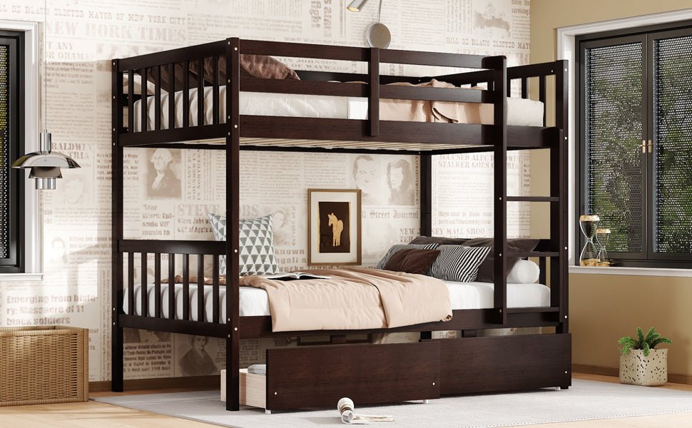 Twin Over Twin Rubber Wood Bunk Bed with 2 Drawers, Convertible into 2 Twin Beds, Twin Size Bunk Bed with Ladder and Safety Guardrails,Espresso - 1st Choice Furniture Direct