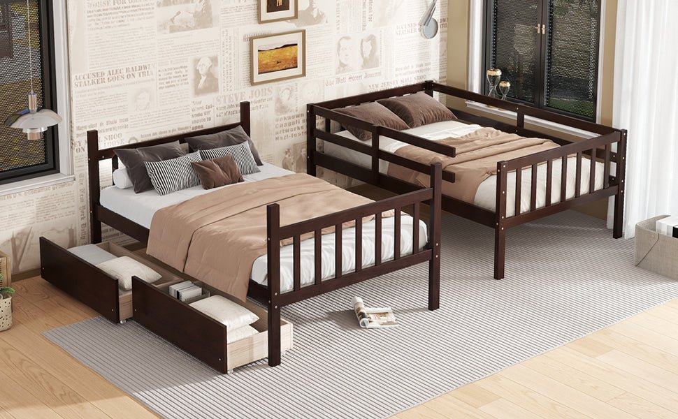 Twin Over Twin Rubber Wood Bunk Bed with 2 Drawers, Convertible into 2 Twin Beds, Twin Size Bunk Bed with Ladder and Safety Guardrails,Espresso - 1st Choice Furniture Direct