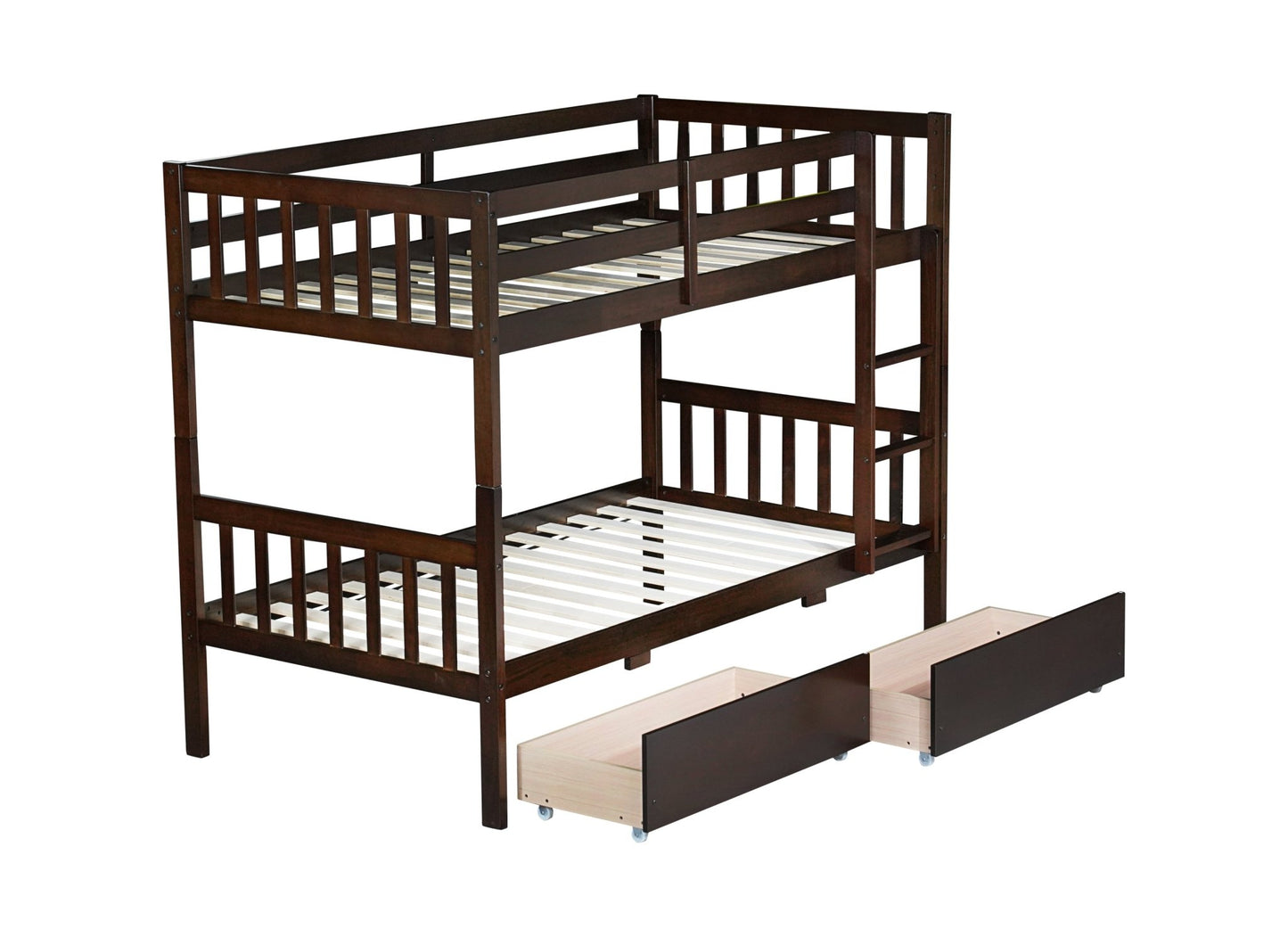 Twin Over Twin Rubber Wood Bunk Bed with 2 Drawers, Convertible into 2 Twin Beds, Twin Size Bunk Bed with Ladder and Safety Guardrails,Espresso - 1st Choice Furniture Direct