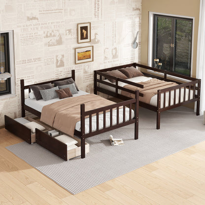 Twin Over Twin Rubber Wood Bunk Bed with 2 Drawers, Convertible into 2 Twin Beds, Twin Size Bunk Bed with Ladder and Safety Guardrails,Espresso - 1st Choice Furniture Direct