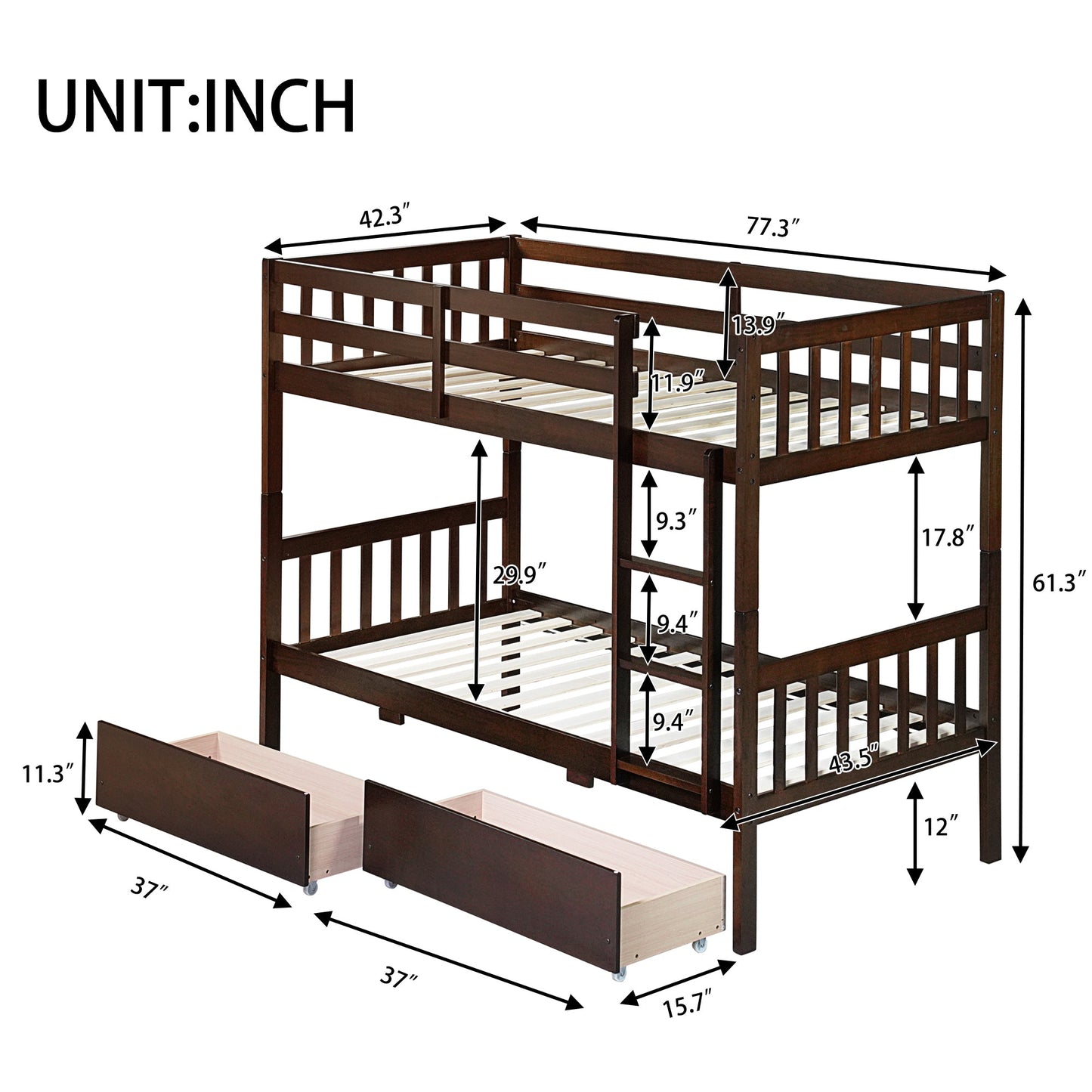 Twin Over Twin Rubber Wood Bunk Bed with 2 Drawers, Convertible into 2 Twin Beds, Twin Size Bunk Bed with Ladder and Safety Guardrails,Espresso - 1st Choice Furniture Direct