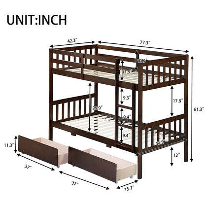 Twin Over Twin Rubber Wood Bunk Bed with 2 Drawers, Convertible into 2 Twin Beds, Twin Size Bunk Bed with Ladder and Safety Guardrails,Espresso - 1st Choice Furniture Direct