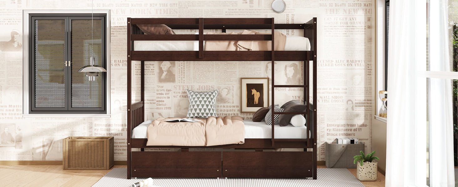 Twin Over Twin Rubber Wood Bunk Bed with 2 Drawers, Convertible into 2 Twin Beds, Twin Size Bunk Bed with Ladder and Safety Guardrails,Espresso - 1st Choice Furniture Direct