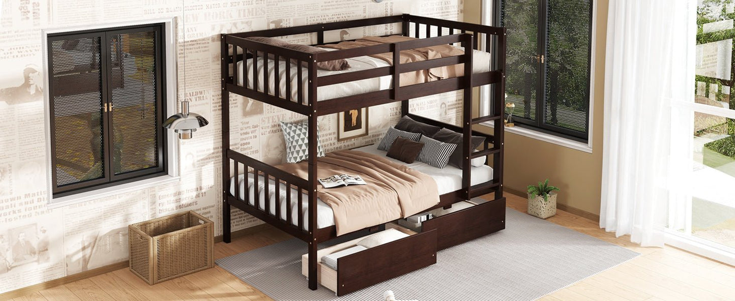 Twin Over Twin Rubber Wood Bunk Bed with 2 Drawers, Convertible into 2 Twin Beds, Twin Size Bunk Bed with Ladder and Safety Guardrails,Espresso - 1st Choice Furniture Direct