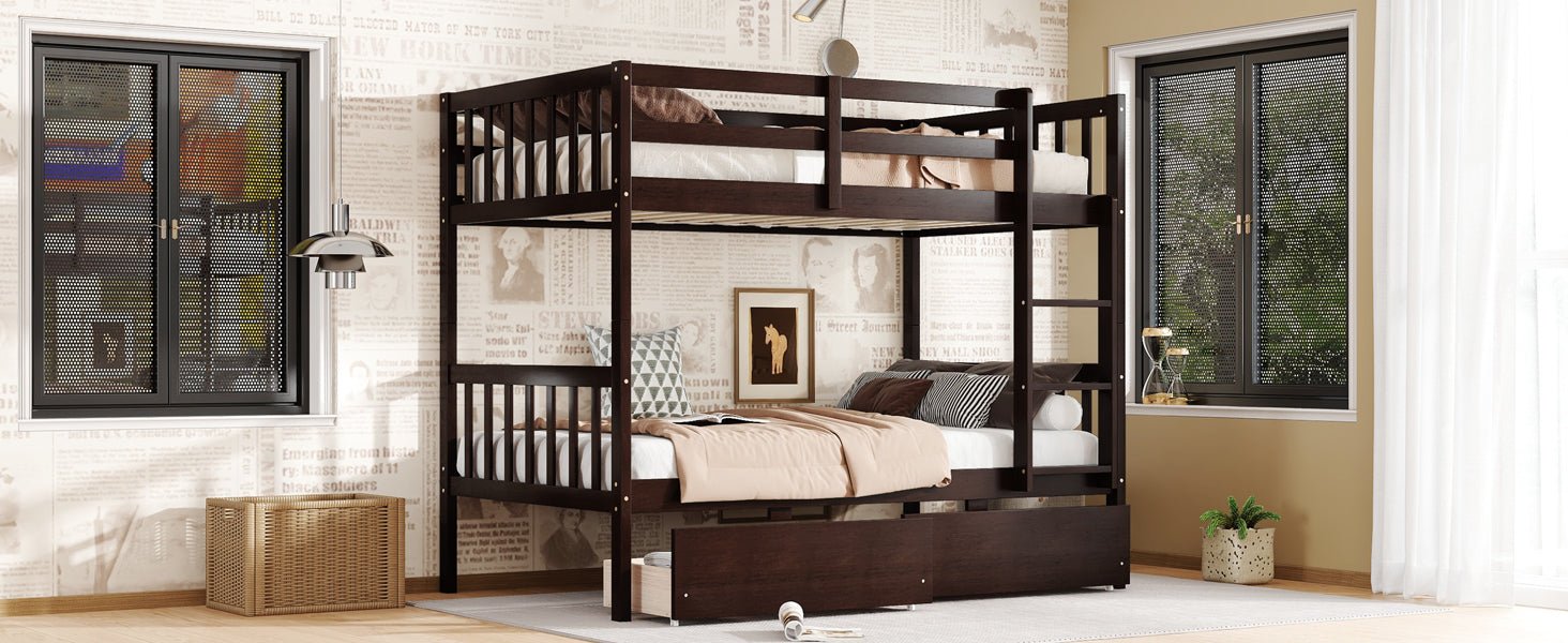 Twin Over Twin Rubber Wood Bunk Bed with 2 Drawers, Convertible into 2 Twin Beds, Twin Size Bunk Bed with Ladder and Safety Guardrails,Espresso - 1st Choice Furniture Direct