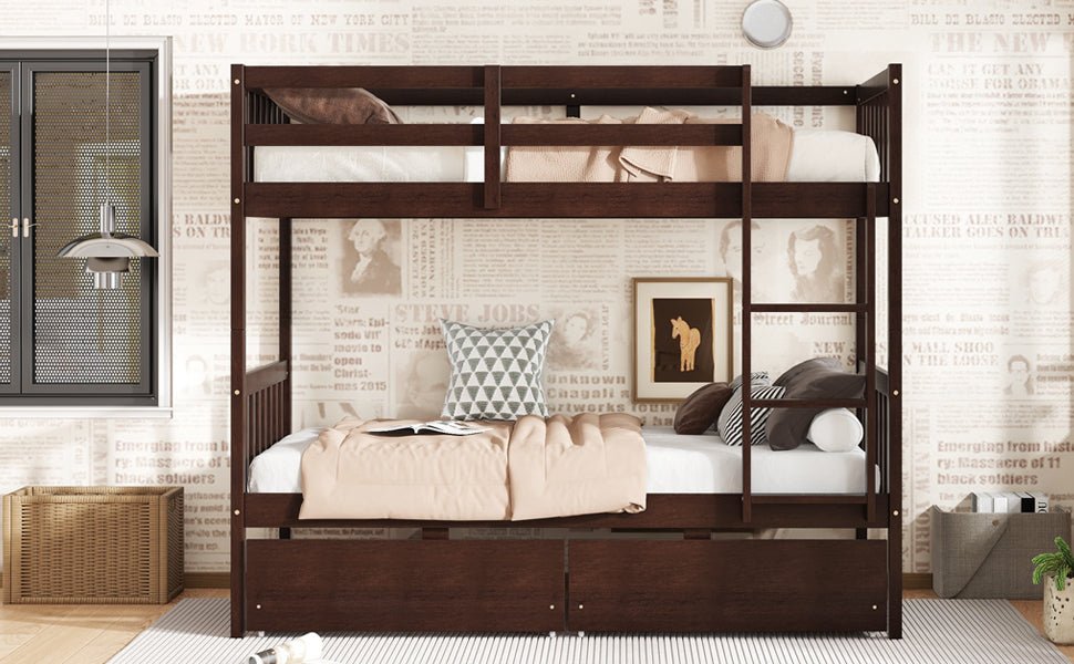 Twin Over Twin Rubber Wood Bunk Bed with 2 Drawers, Convertible into 2 Twin Beds, Twin Size Bunk Bed with Ladder and Safety Guardrails,Espresso - 1st Choice Furniture Direct