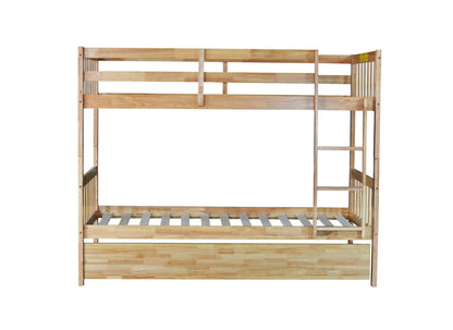 Twin Over Twin Rubber Wood Bunk Bed with Trundle, Convertible into 2 Twin Size Beds, Twin Size Bunk Bed with Ladder and Safety Guardrails,White Oak - 1st Choice Furniture Direct