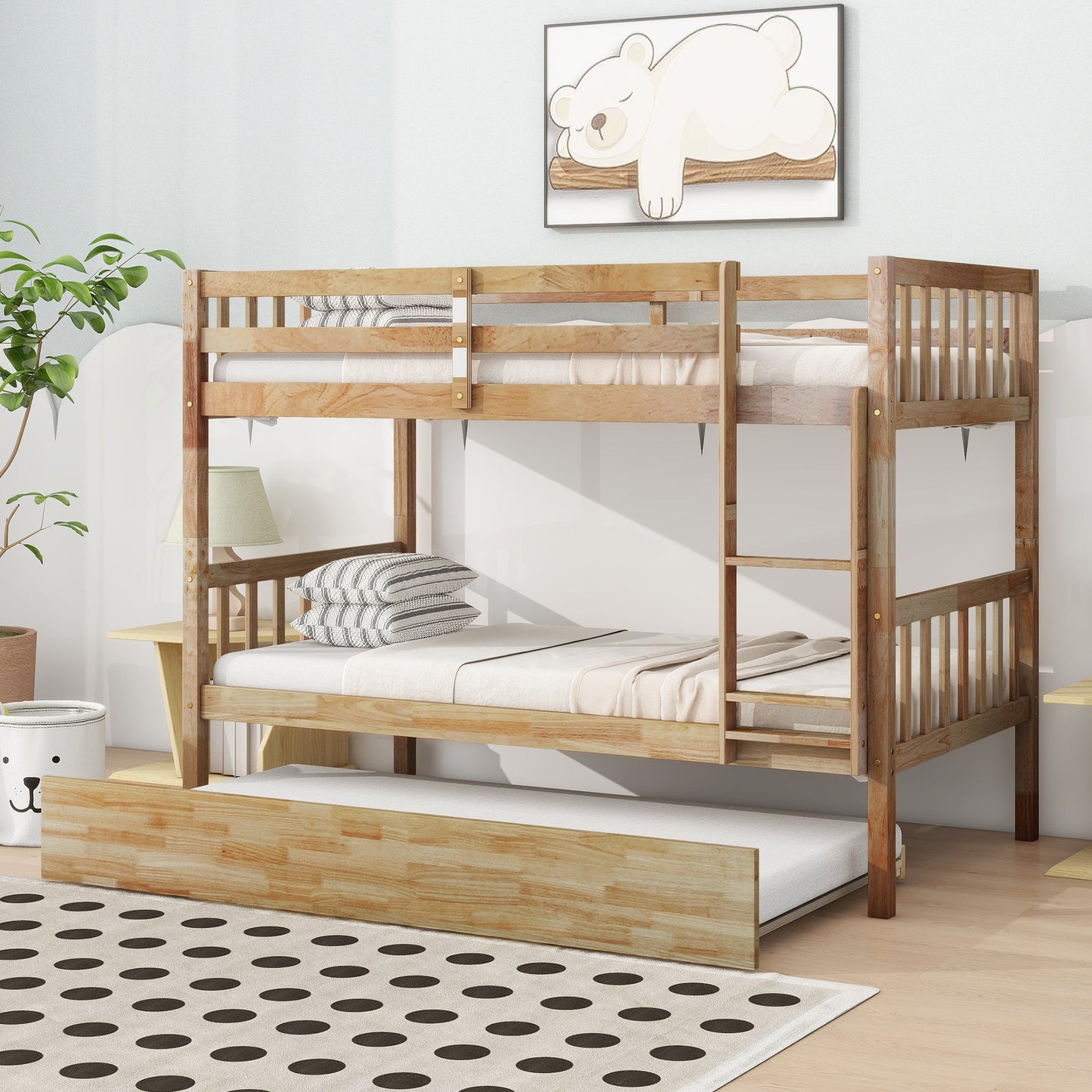 Twin Over Twin Rubber Wood Bunk Bed with Trundle, Convertible into 2 Twin Size Beds, Twin Size Bunk Bed with Ladder and Safety Guardrails,White Oak - 1st Choice Furniture Direct