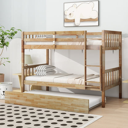 Twin Over Twin Rubber Wood Bunk Bed with Trundle, Convertible into 2 Twin Size Beds, Twin Size Bunk Bed with Ladder and Safety Guardrails,White Oak - 1st Choice Furniture Direct