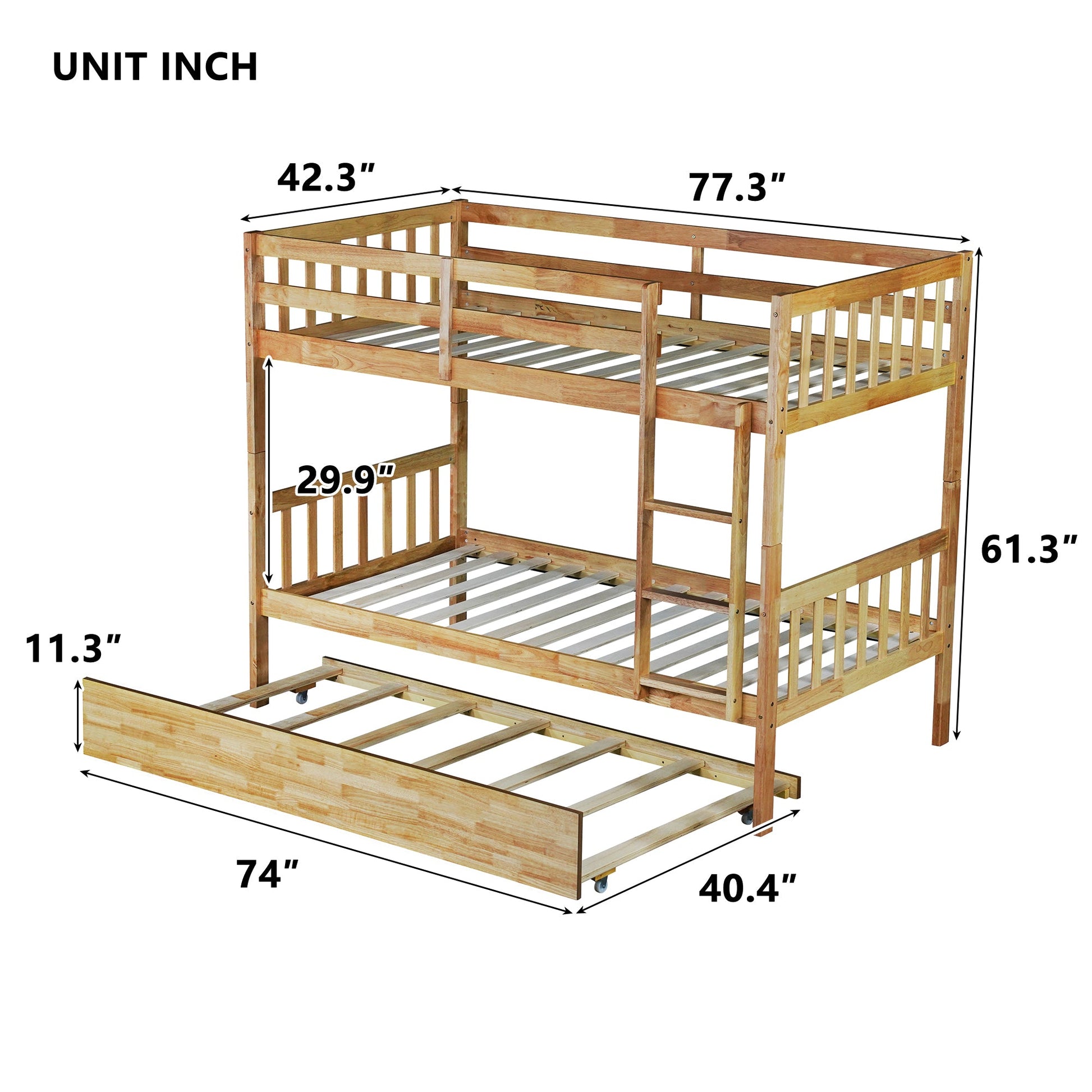 Twin Over Twin Rubber Wood Bunk Bed with Trundle, Convertible into 2 Twin Size Beds, Twin Size Bunk Bed with Ladder and Safety Guardrails,White Oak - 1st Choice Furniture Direct