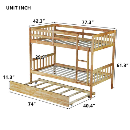 Twin Over Twin Rubber Wood Bunk Bed with Trundle, Convertible into 2 Twin Size Beds, Twin Size Bunk Bed with Ladder and Safety Guardrails,White Oak - 1st Choice Furniture Direct