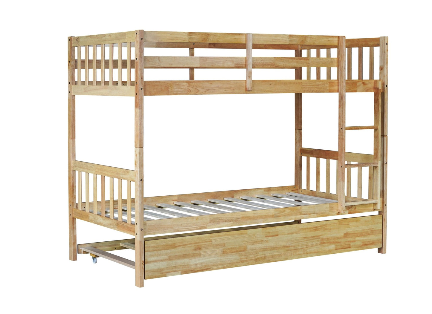 Twin Over Twin Rubber Wood Bunk Bed with Trundle, Convertible into 2 Twin Size Beds, Twin Size Bunk Bed with Ladder and Safety Guardrails,White Oak - 1st Choice Furniture Direct