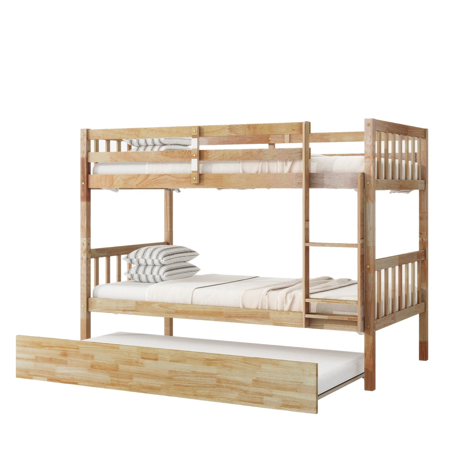 Twin Over Twin Rubber Wood Bunk Bed with Trundle, Convertible into 2 Twin Size Beds, Twin Size Bunk Bed with Ladder and Safety Guardrails,White Oak - 1st Choice Furniture Direct
