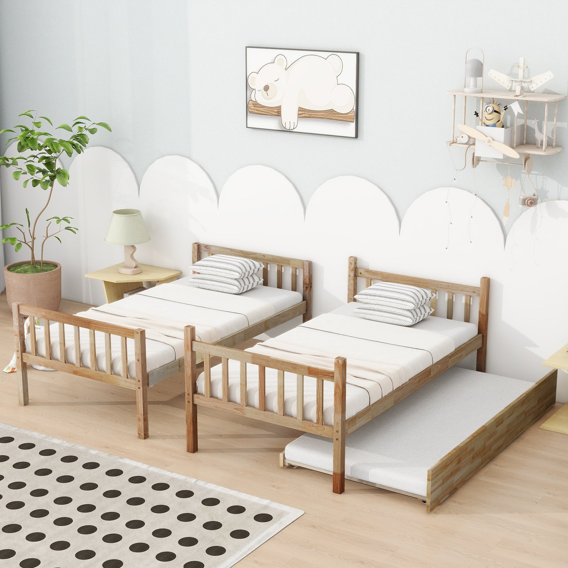 Twin Over Twin Rubber Wood Bunk Bed with Trundle, Convertible into 2 Twin Size Beds, Twin Size Bunk Bed with Ladder and Safety Guardrails,White Oak - 1st Choice Furniture Direct