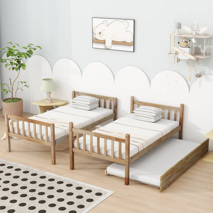 Twin Over Twin Rubber Wood Bunk Bed with Trundle, Convertible into 2 Twin Size Beds, Twin Size Bunk Bed with Ladder and Safety Guardrails,White Oak - 1st Choice Furniture Direct