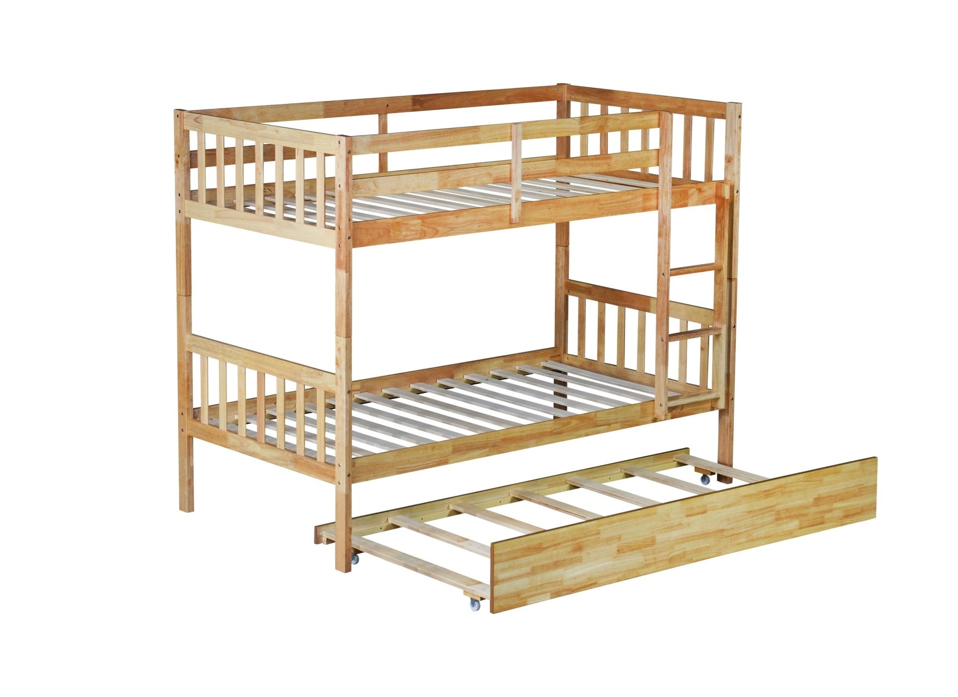 Twin Over Twin Rubber Wood Bunk Bed with Trundle, Convertible into 2 Twin Size Beds, Twin Size Bunk Bed with Ladder and Safety Guardrails,White Oak - 1st Choice Furniture Direct