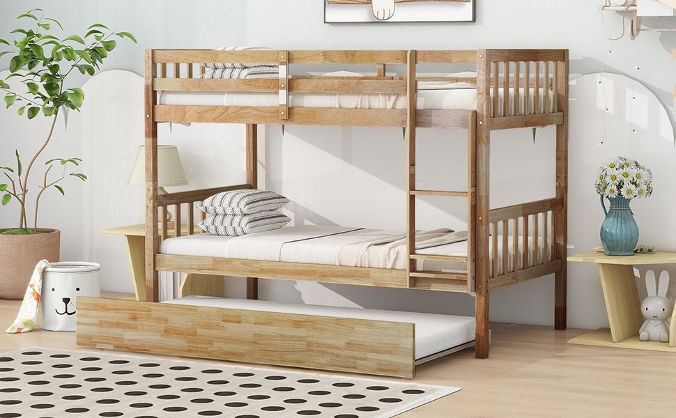 Twin Over Twin Rubber Wood Bunk Bed with Trundle, Convertible into 2 Twin Size Beds, Twin Size Bunk Bed with Ladder and Safety Guardrails,White Oak - 1st Choice Furniture Direct