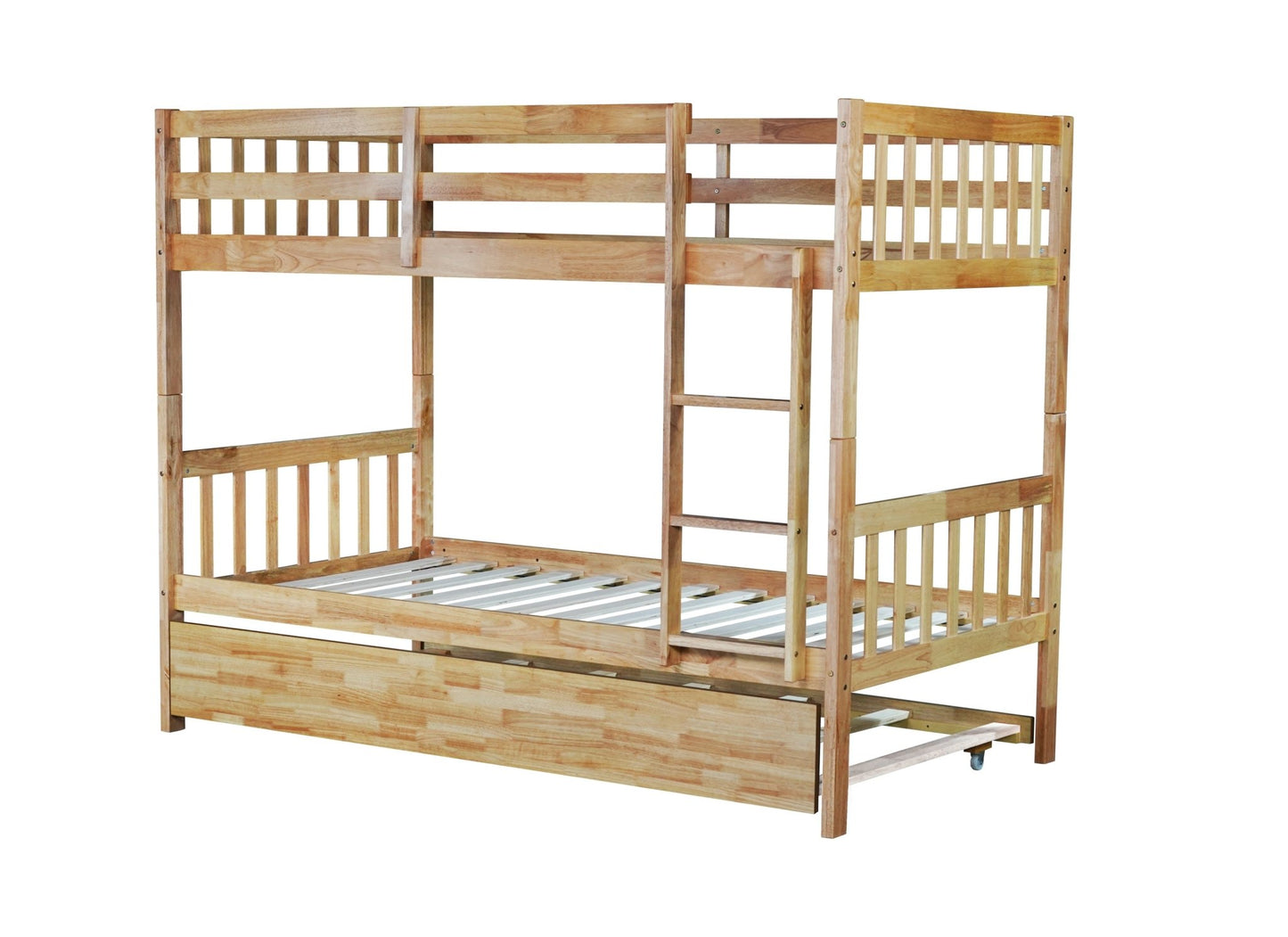 Twin Over Twin Rubber Wood Bunk Bed with Trundle, Convertible into 2 Twin Size Beds, Twin Size Bunk Bed with Ladder and Safety Guardrails,White Oak - 1st Choice Furniture Direct