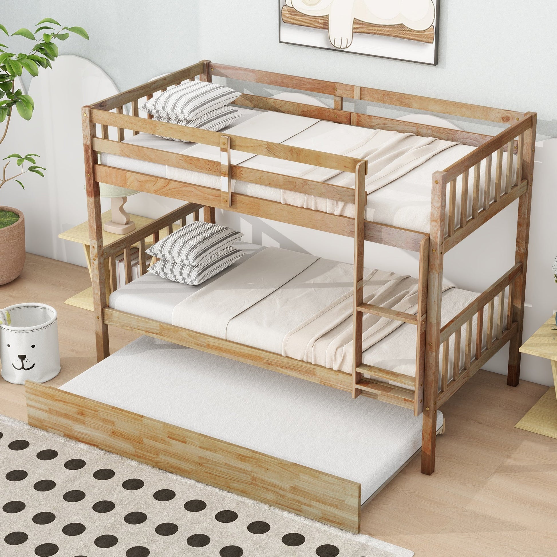 Twin Over Twin Rubber Wood Bunk Bed with Trundle, Convertible into 2 Twin Size Beds, Twin Size Bunk Bed with Ladder and Safety Guardrails,White Oak - 1st Choice Furniture Direct