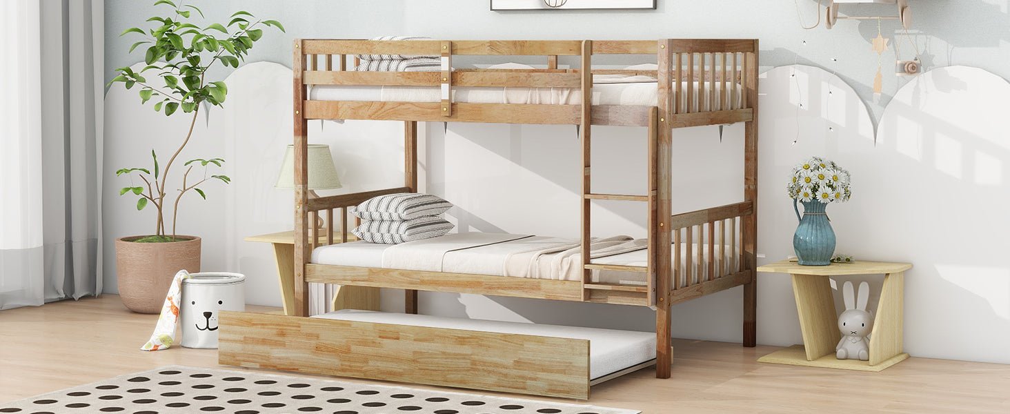 Twin Over Twin Rubber Wood Bunk Bed with Trundle, Convertible into 2 Twin Size Beds, Twin Size Bunk Bed with Ladder and Safety Guardrails,White Oak - 1st Choice Furniture Direct