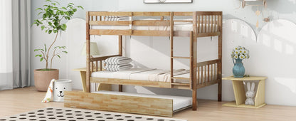 Twin Over Twin Rubber Wood Bunk Bed with Trundle, Convertible into 2 Twin Size Beds, Twin Size Bunk Bed with Ladder and Safety Guardrails,White Oak - 1st Choice Furniture Direct