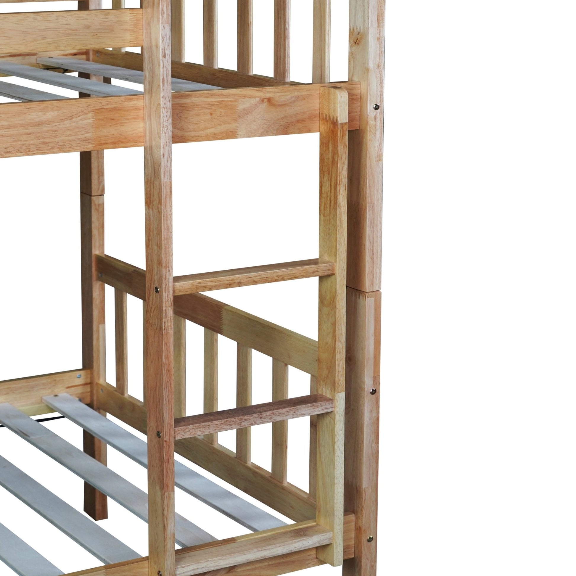 Twin Over Twin Rubber Wood Bunk Bed with Trundle, Convertible into 2 Twin Size Beds, Twin Size Bunk Bed with Ladder and Safety Guardrails,White Oak - 1st Choice Furniture Direct
