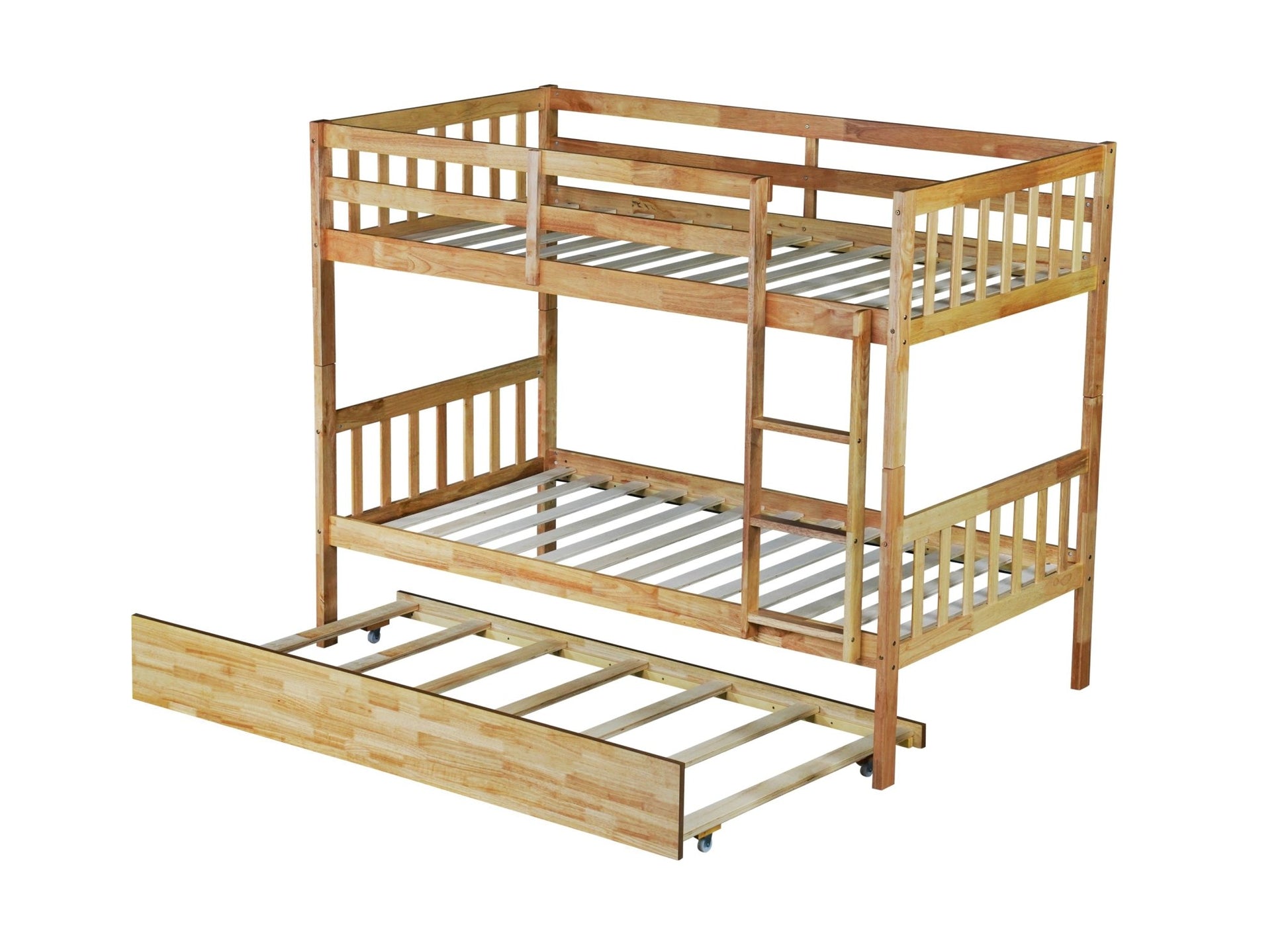 Twin Over Twin Rubber Wood Bunk Bed with Trundle, Convertible into 2 Twin Size Beds, Twin Size Bunk Bed with Ladder and Safety Guardrails,White Oak - 1st Choice Furniture Direct