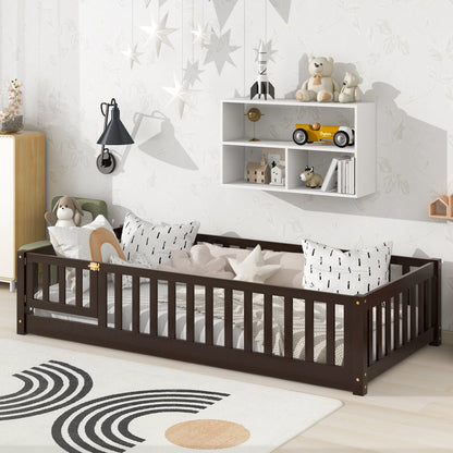 Twin Size Floor Bed with Fence and Door,Rubber Wood Floor Bed with Safety Guardrails,Espresso - 1st Choice Furniture Direct