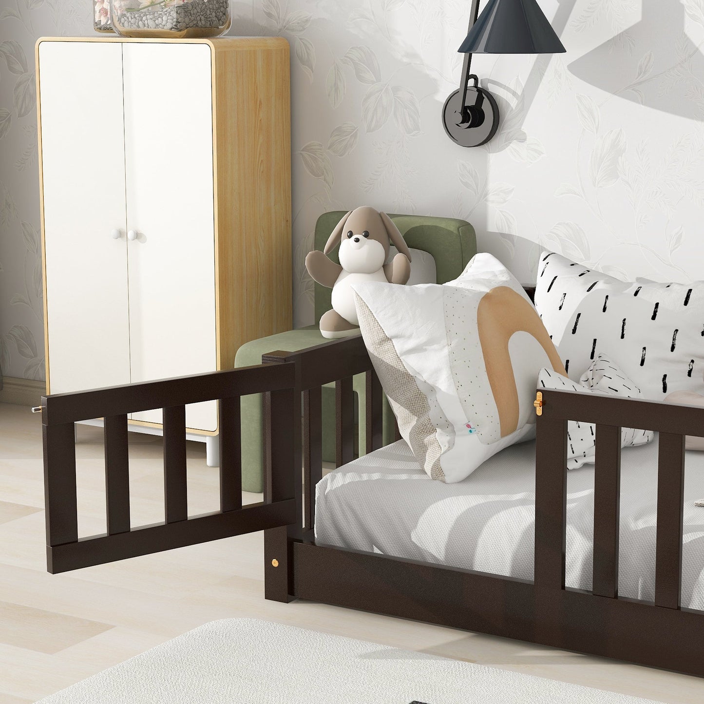 Twin Size Floor Bed with Fence and Door,Rubber Wood Floor Bed with Safety Guardrails,Espresso - 1st Choice Furniture Direct