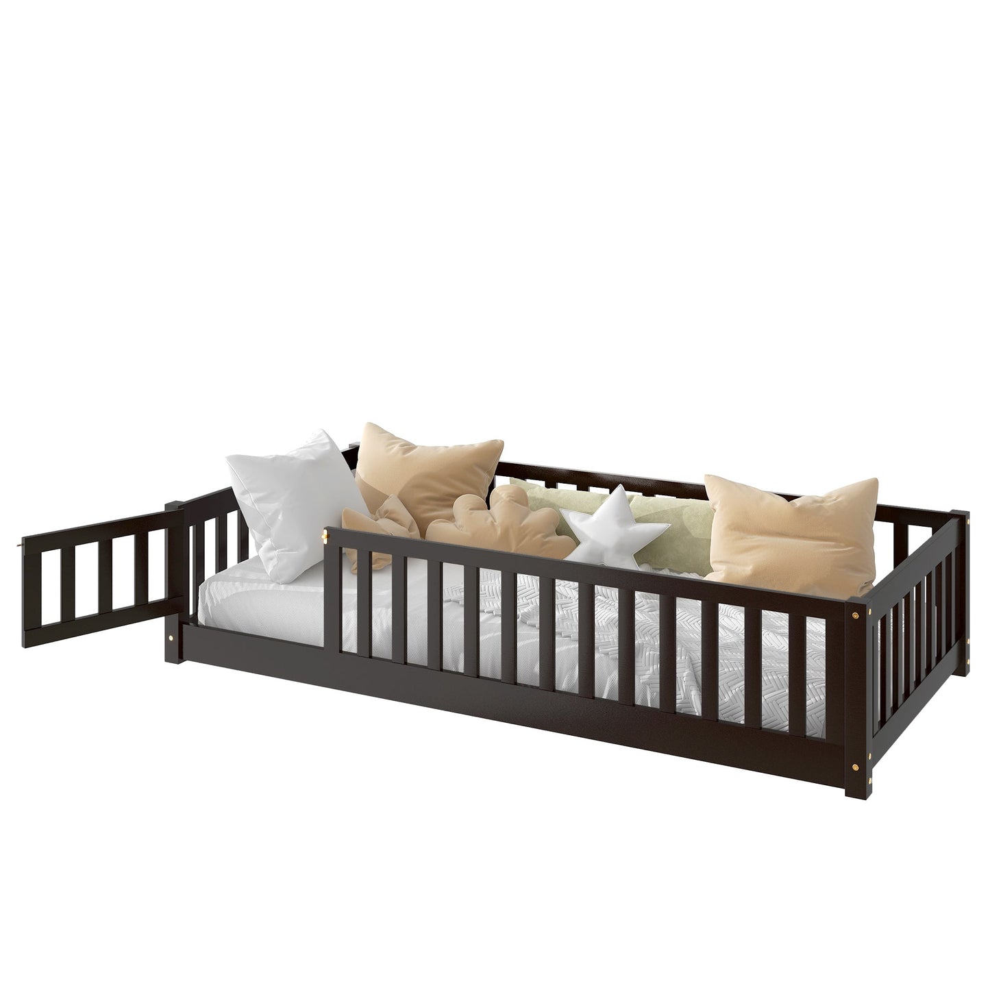 Twin Size Floor Bed with Fence and Door,Rubber Wood Floor Bed with Safety Guardrails,Espresso - 1st Choice Furniture Direct