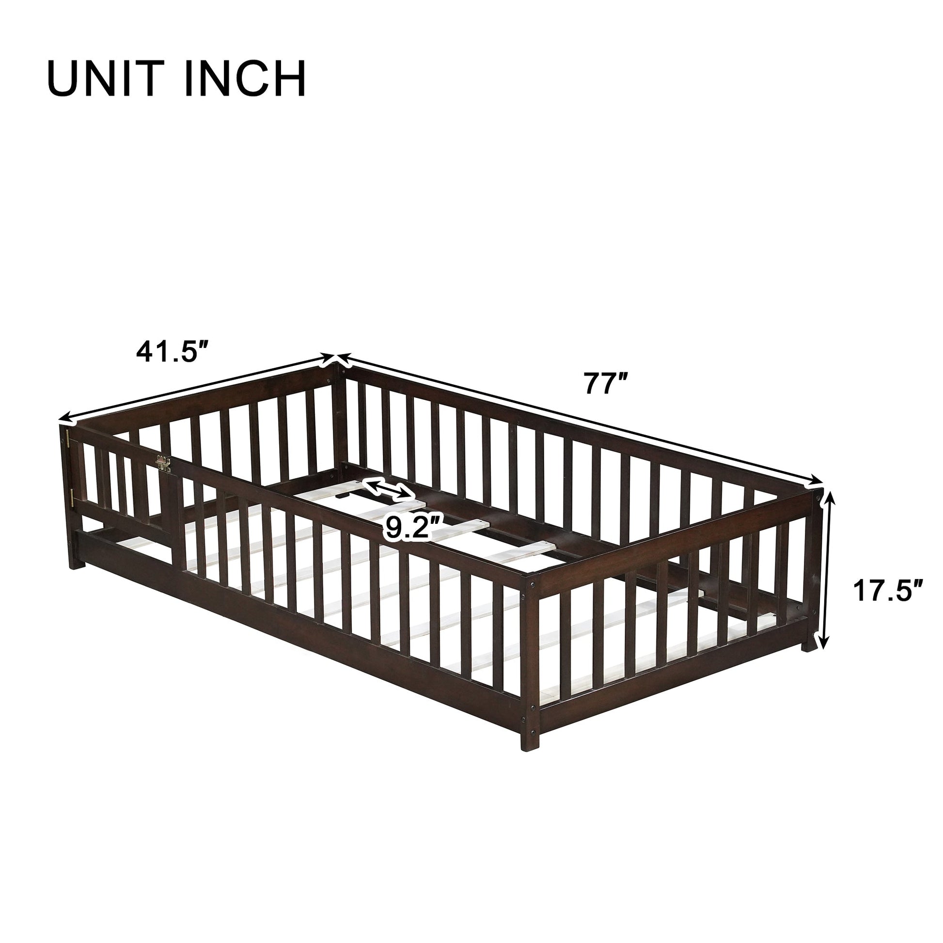 Twin Size Floor Bed with Fence and Door,Rubber Wood Floor Bed with Safety Guardrails,Espresso - 1st Choice Furniture Direct